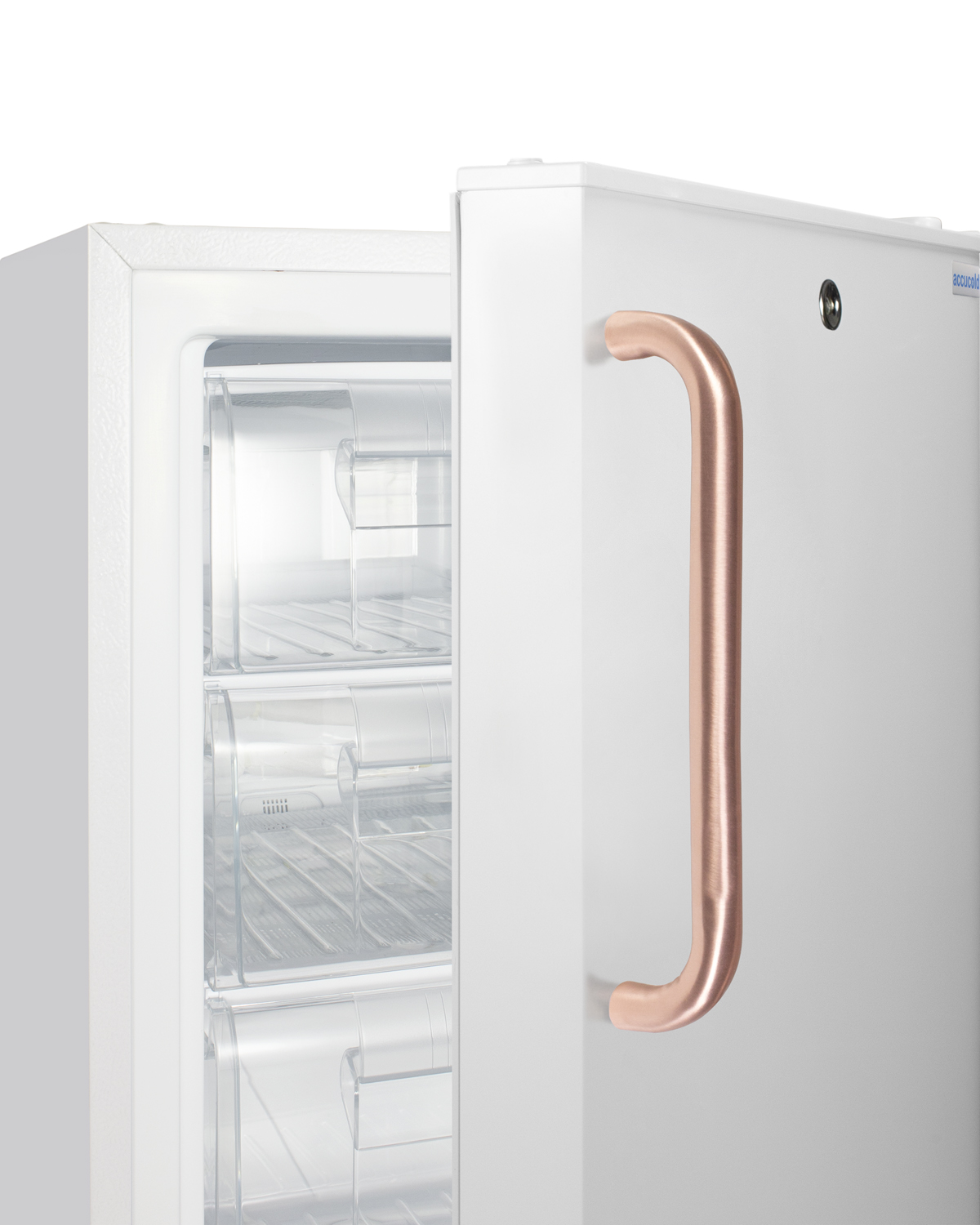 Built-in undercounter -25 C ADA compliant all-freezer in white with lock, pure copper towel bar handle, digital controls, interior baskets, hospital cord with 'green dot' plug, factory installed access port, and manual defrost operation